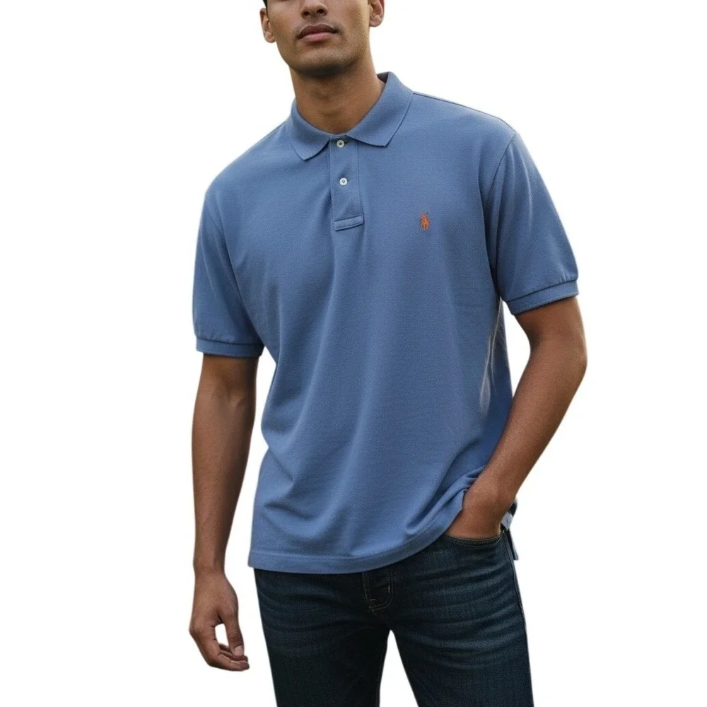 Polo Ralph Lauren Polo Shirt Mens XXL Blue Short Sleeve Orange Pony‎ Cotton